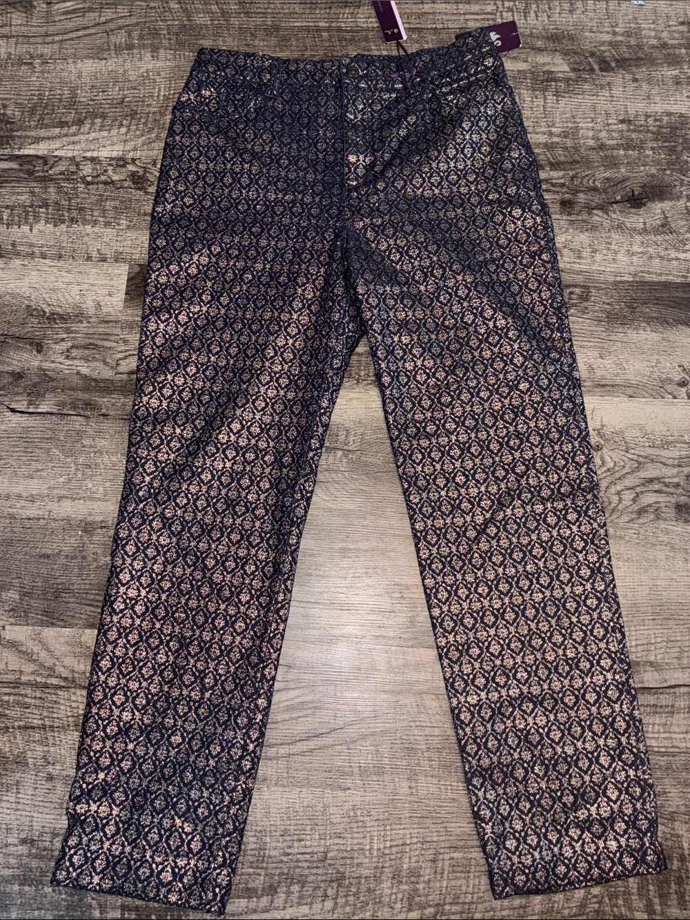 Women's Metallic Jacquard Slim Jeans in Navy and Gold NWT Size 12